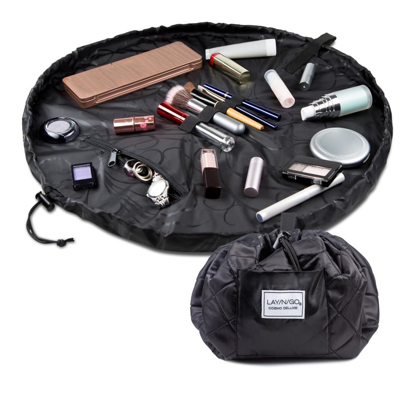 Lay-n-Go Cosmo Layflat Cosmetic & Makeup Bag Organizer - Portable Drawstring Bag w/Zipper Pocket, Brush Storage Loops & More - Durable, Machine Washable Toiletry Bag for Travel (22", Black) - Image 1